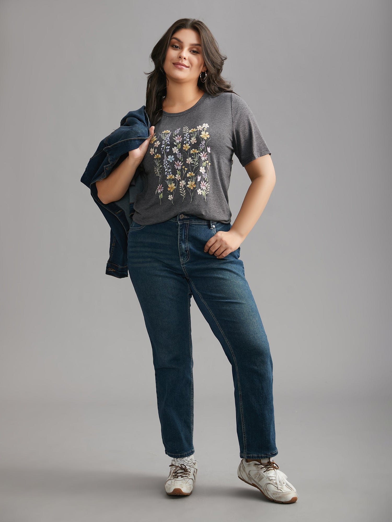 Floral Crew Neck Stretchy T-Shirt