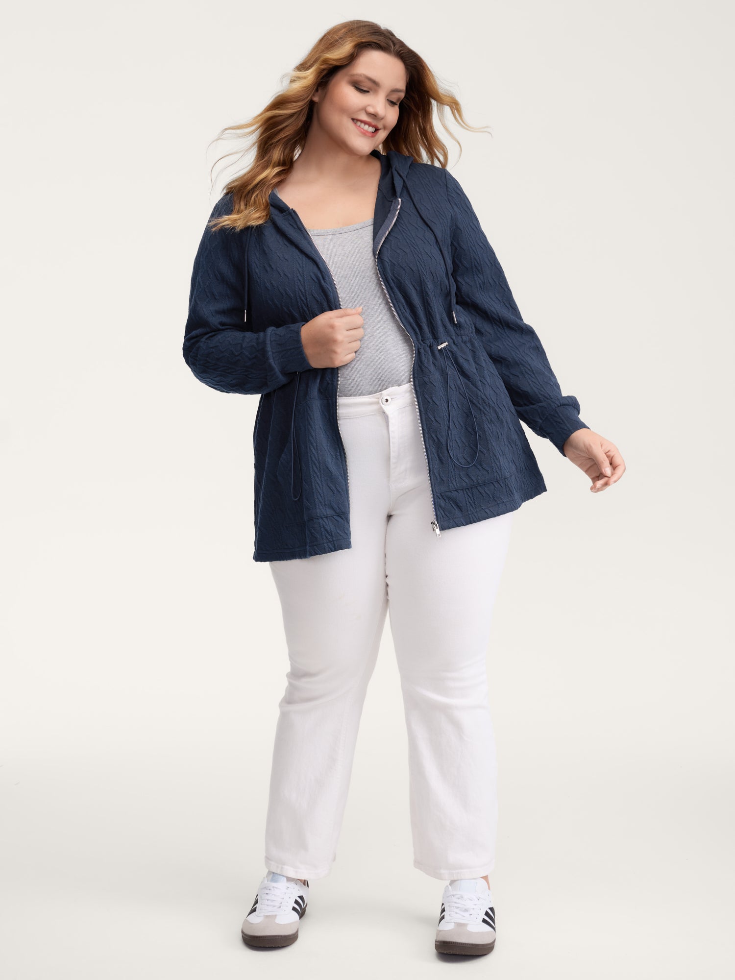 Textured Zipper Drawstring Hooded Jacket