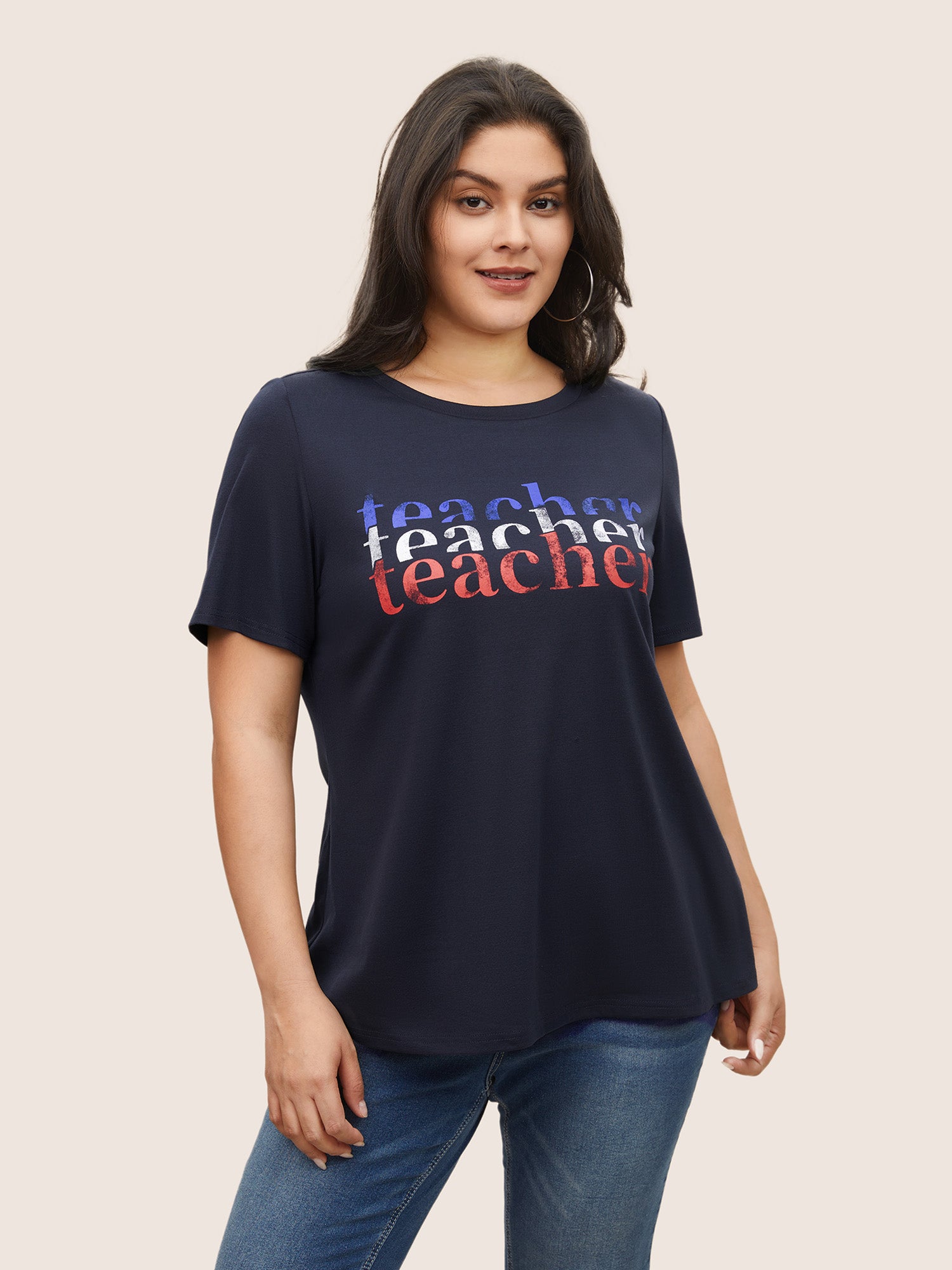 Letter Print Contrast Round Neck T-shirt