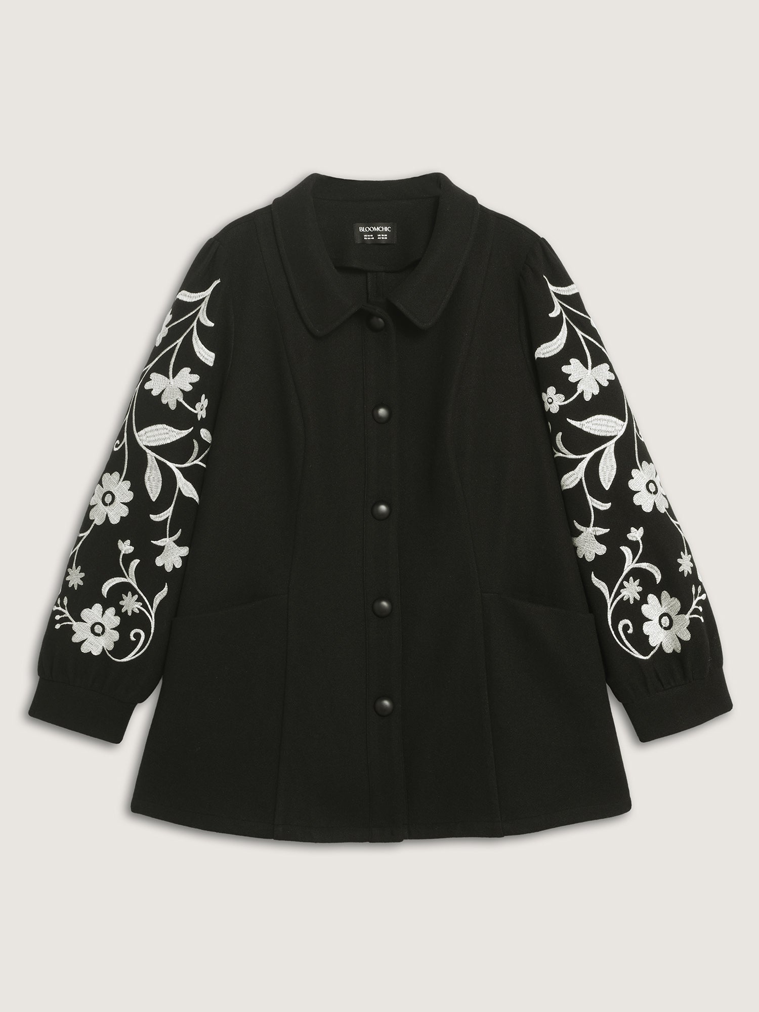 Floral Embroidered Sleeve Slant Pockets Coat
