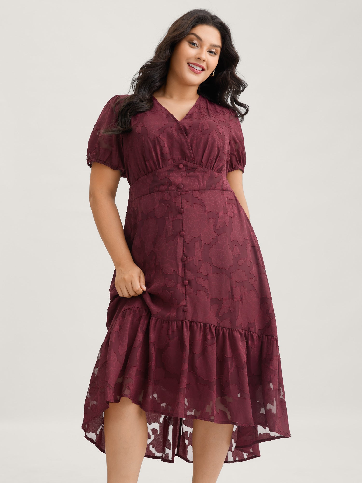 Solid Textured Lantern Sleeve Button Detail Dress